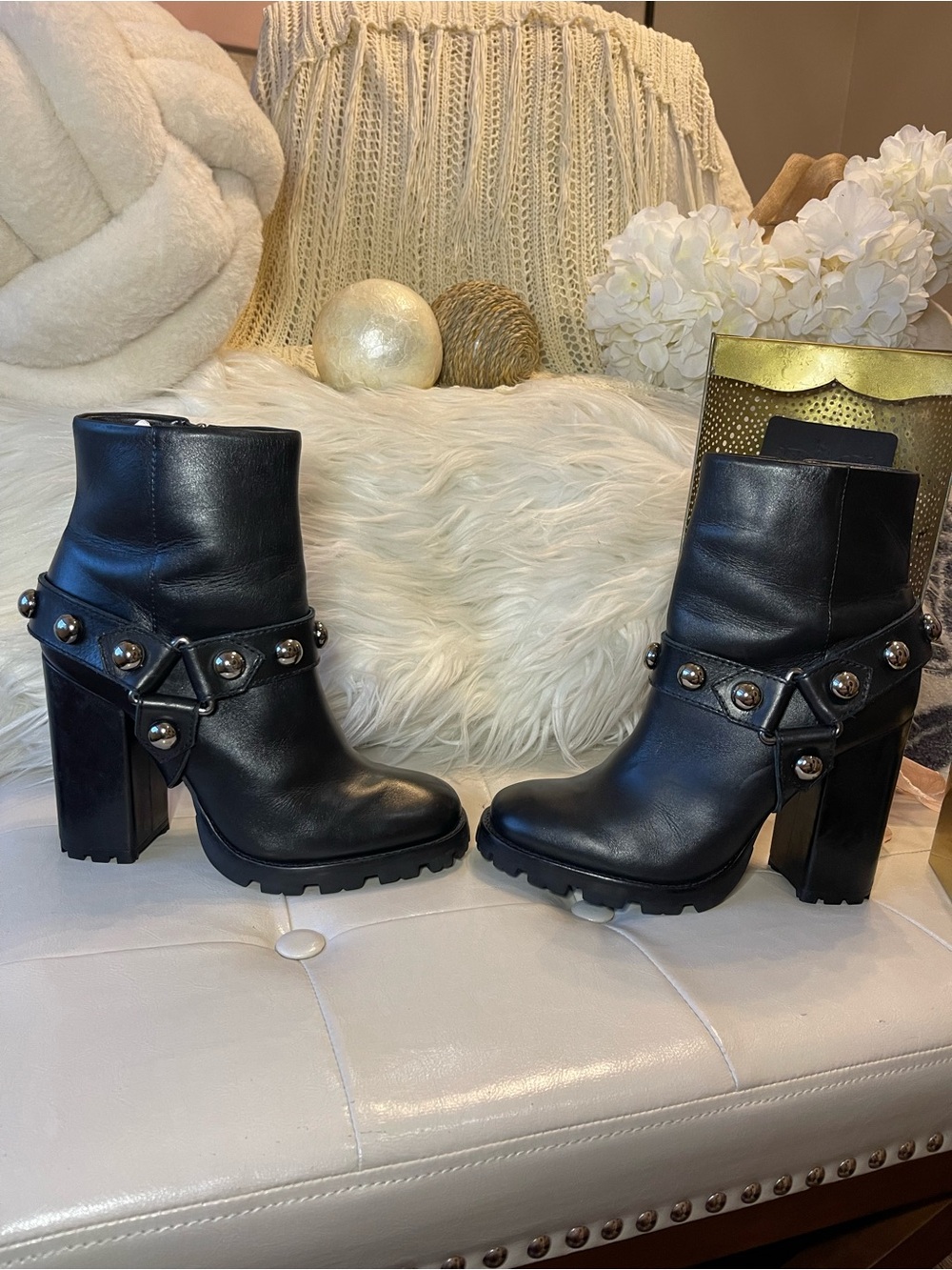 Schutz "Calita" Studded Harness Ankle Boots in Black Leather